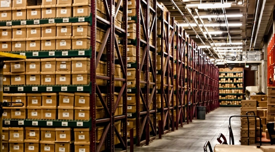 Tall stacks of boxes containing official records in a large storage facility