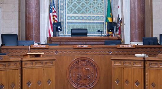 Council Chamber place for the "Voting Clerk", "City Clerk", and "City Attorney" in that order