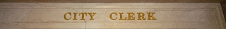 City Hall entryway with the words, "City Clerk"
